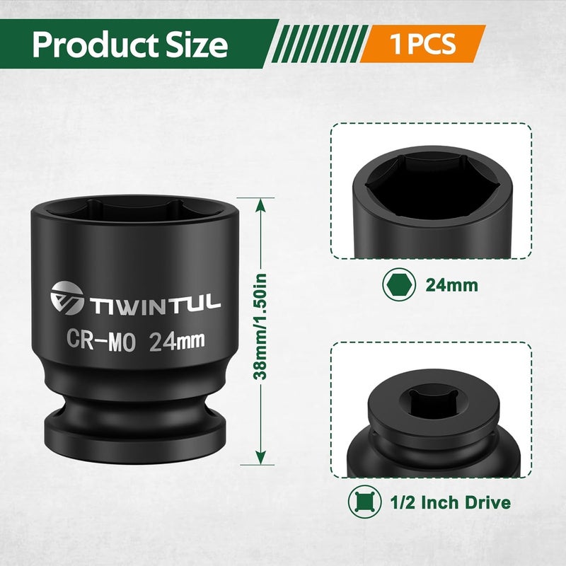 TIWINTUL 24mm Impact Socket 1/2 Inch Drive, Heat-Treated Chromium-Molybdenum Steel Impact Socket, 6 Point Design, ANSI Standards, Metric, Axle Nut Socket for Automotive and Machinery Maintenance - Image 2